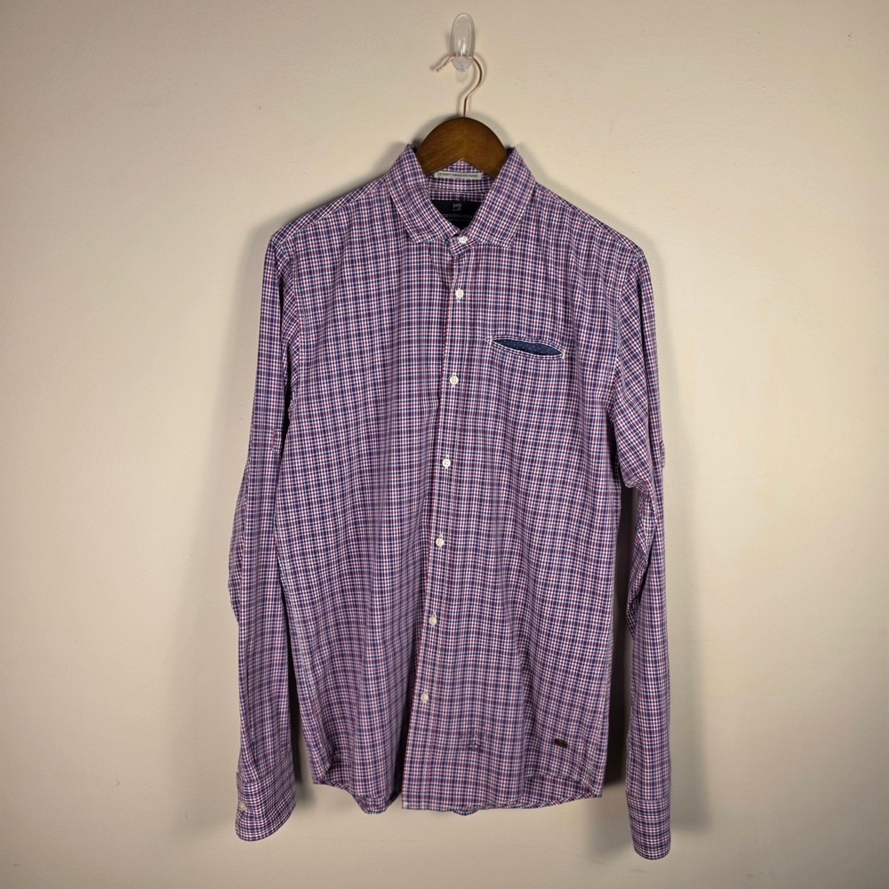 Scotch & Soda Button Down Mens Large Red Blue Gingham Long‎ Sleeve Cotton Shirt